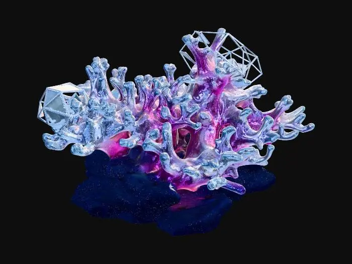 3D model for A deep-sea coral reef made of perfect geometric shapes, fractal structures, hexagonal prisms, and polyhedrons. Bioluminescent glow, neon cyan and magenta lights emitting from the coral tips. Translucent crystal and metallic textures mixed with porous organic rocks. Dark abyssal ocean background with soft underwater volumetric lighting and water caustics. Hyper-detailed, 8k resolution, 3D asset, PBR materials, Octane Render, Unreal Engine 5 style, masterpiece.