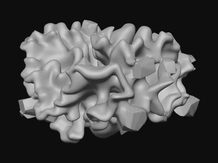 3D model for A deep-sea coral reef made of perfect geometric shapes, fractal structures, hexagonal prisms, and polyhedrons. Bioluminescent glow, neon cyan and magenta lights emitting from the coral tips. Translucent crystal and metallic textures mixed with porous organic rocks. Dark abyssal ocean background with soft underwater volumetric lighting and water caustics. Hyper-detailed, 8k resolution, 3D asset, PBR materials, Octane Render, Unreal Engine 5 style, masterpiece.