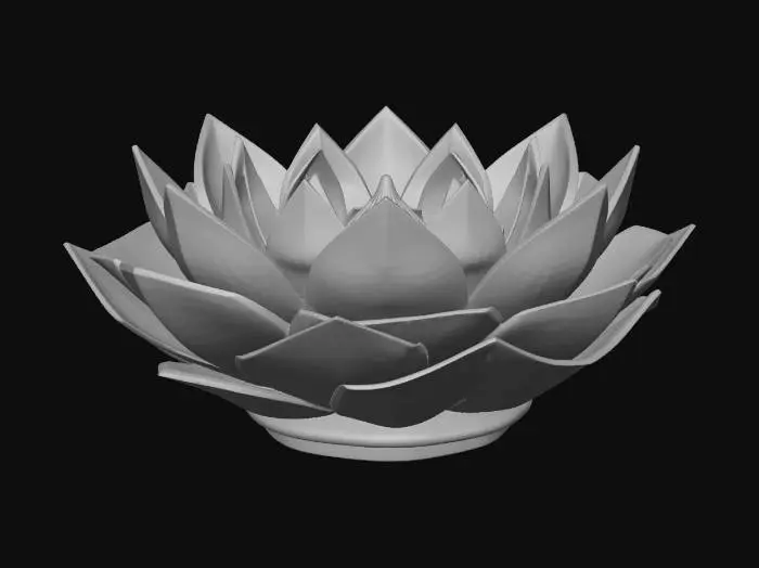 3D model for A highly detailed 3D model of a geometric lotus flower thriving in the deep sea. The petals are made of translucent crystalline glass and dark metallic titanium, featuring sharp, fractal geometric shapes. Bioluminescent neon blue and glowing cyan veins run through the geometric petals. The core of the lotus emits an ethereal, deep-ocean luminescent glow. PBR textures, emissive materials, refractive glass, sub-surface scattering. Sci-fi marine biology style, high poly, 8k resolution, Unreal Engine 5 render, isolated 3D game asset, masterpiece, symmetrical design.