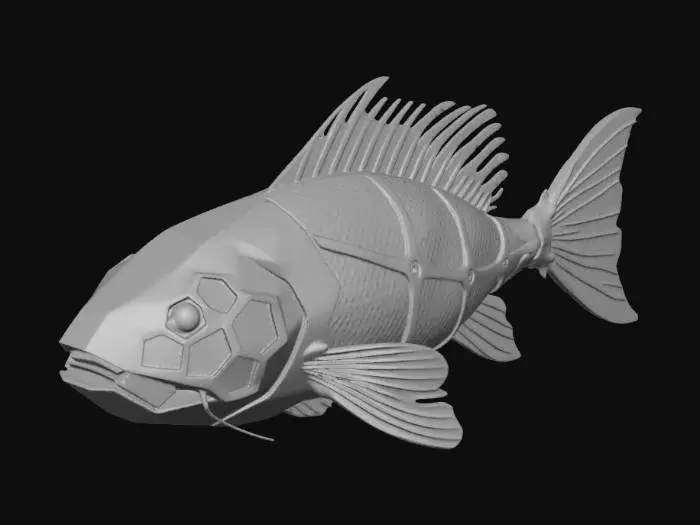 3D model for A highly detailed 3D model of an otherworldly deep-sea fish, fusion of geometric and organic shapes. Polyhedral body structure, fractal-like anatomy. Bioluminescent glowing neon cyan and magenta veins. Translucent crystalline fins, metallic iridescent scales, dark obsidian armor plating. Deep abyss alien creature, bioluminescence. High poly, PBR textures, glowing emissions, cinematic lighting, Octane render, 8k resolution, masterpiece.