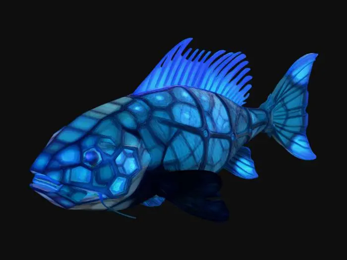 3D model for A highly detailed 3D model of an otherworldly deep-sea fish, fusion of geometric and organic shapes. Polyhedral body structure, fractal-like anatomy. Bioluminescent glowing neon cyan and magenta veins. Translucent crystalline fins, metallic iridescent scales, dark obsidian armor plating. Deep abyss alien creature, bioluminescence. High poly, PBR textures, glowing emissions, cinematic lighting, Octane render, 8k resolution, masterpiece.