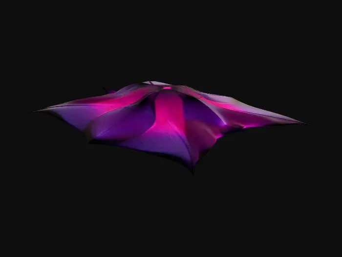 3D model for A highly detailed 3D model of an otherworldly deep-sea ray fish creature. Flat, manta ray-like body structure fused with sharp geometric obsidian armor plating and fractal anatomy. Deep crimson bioluminescent glowing veins and patterns pulsating against dark black skin. Matte black metallic scales, translucent dark red crystalline fins with jagged edges. Abyssal alien ray, pulsating red glow. High poly, PBR textures, intense glowing emissions, dramatic lighting, Octane render, 8k resolution, masterpiece.