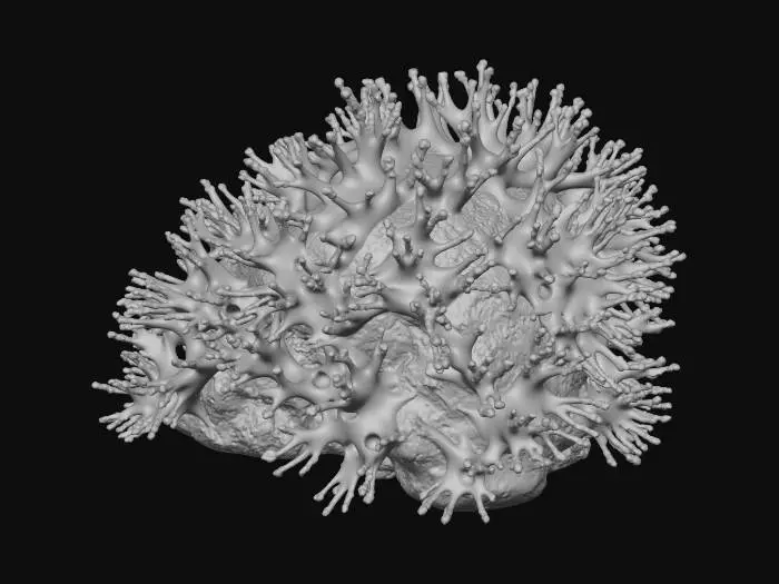 3D model for A masterpiece 3D render of a deep-sea neural network reef. The environment is dominated by a profound ultramarine and deep indigo color palette. The coral structures are not just geometric, but growing crystallized fractal formations, hexagonal mineral prisms, and sharp polyhedral clusters resembling a vast brain structure. An interconnected synaptic web of translucent, glowing filaments weaves through the crystal nodes. Bioluminescent light impulses fire like neural signals along these pathways, culminating in intense neon cyan, electric blue, and magenta flashes at the crystal junctions. Textures are highly polished translucent crystal, conductive metallic veins, and dark, porous organic rock encrusted with micro-crystals. Dark abyssal ocean background with intense ultramarine volumetric