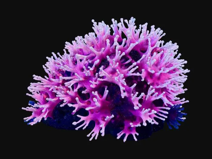 3D model for A masterpiece 3D render of a deep-sea neural network reef. The environment is dominated by a profound ultramarine and deep indigo color palette. The coral structures are not just geometric, but growing crystallized fractal formations, hexagonal mineral prisms, and sharp polyhedral clusters resembling a vast brain structure. An interconnected synaptic web of translucent, glowing filaments weaves through the crystal nodes. Bioluminescent light impulses fire like neural signals along these pathways, culminating in intense neon cyan, electric blue, and magenta flashes at the crystal junctions. Textures are highly polished translucent crystal, conductive metallic veins, and dark, porous organic rock encrusted with micro-crystals. Dark abyssal ocean background with intense ultramarine volumetric