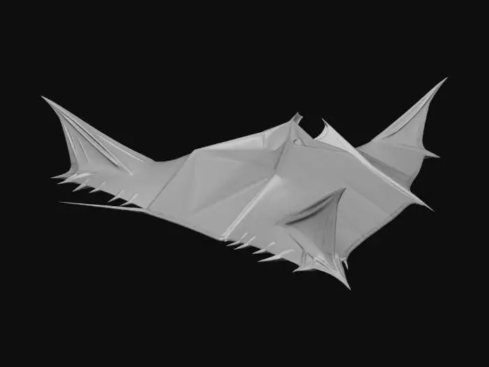 3D model for A highly detailed 3D model of an otherworldly deep-sea ray fish creature. Flat, manta ray-like body structure fused with sharp geometric obsidian armor plating and fractal anatomy. Deep crimson bioluminescent glowing veins and patterns pulsating against dark black skin. Matte black metallic scales, translucent dark red crystalline fins with jagged edges. Abyssal alien ray, pulsating red glow. High poly, PBR textures, intense glowing emissions, dramatic lighting, Octane render, 8k resolution, masterpiece.