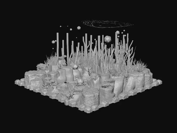 3D model for A highly detailed 3D diorama of a deep-sea geometric alien grassland. The terrain consists of hexagonal basalt columns and glowing cyan grid lines. The grass is made of translucent, fractal-like crystalline structures and neon bioluminescent tubes. Polyhedral corals and metallic floating anemones. Deep ocean environment, bioluminescent lighting, underwater caustics. PBR textures, subsurface scattering, glowing emission maps, Unreal Engine 5 style, sci-fi game asset, masterpiece, ultra-detailed.