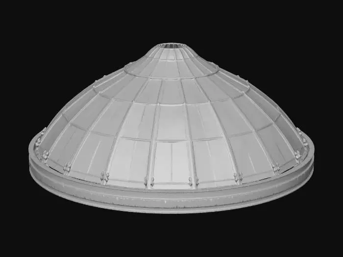 3D model for A large, circular, metal-framed glass dome structure with multiple skylight panels, designed as the central roof element.