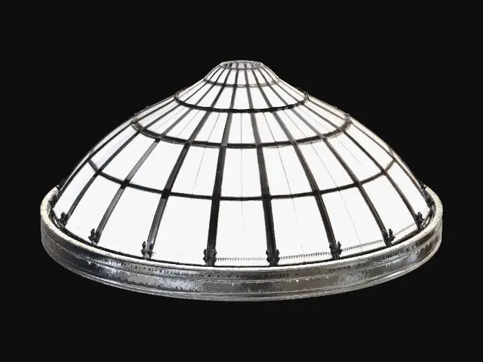 3D model for A large, circular, metal-framed glass dome structure with multiple skylight panels, designed as the central roof element.