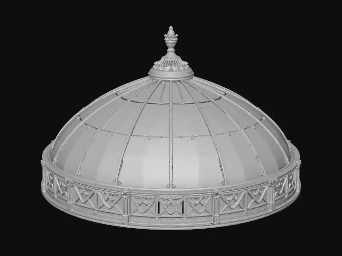 3D model for A large, circular, metal-framed glass dome structure with multiple skylight panels, designed as the central roof element.