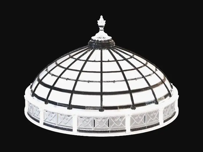 3D model for A large, circular, metal-framed glass dome structure with multiple skylight panels, designed as the central roof element.