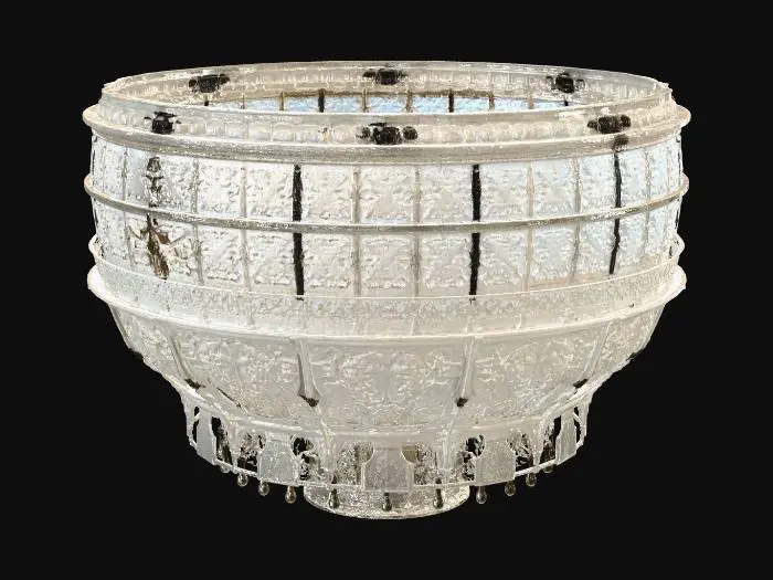 3D model for large circular glass dome ceiling, transparent skylight, ornate metal frame, classical architecture, soft sunlight entering, blue sky visible, high detail, fantasy library style, clean geometry, symmetrical