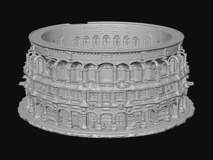 3D model for 3D environment model of a grand, detailed circular library grand hall. Multi-tiered structure (3-4 floors) with white stone walls, polished marble floors with inlaid geometric patterns, numerous arched windows, and a massive central glass dome ceiling. The dome has an open sky view and features a large central skylight. The floor has an intricate compass rose design. Stairs, balconies with detailed railings, and arches are intricately arranged throughout the space.