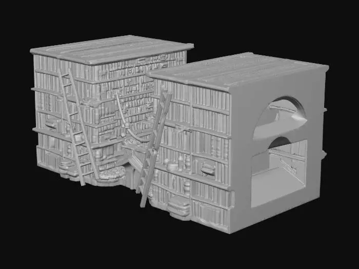 3D model for massive library interior, endless bookshelves, floating books, glowing runes fading, broken ladders, scattered pages dissolving into light particles, gothic and futuristic fusion, warm ambient lighting, anime style