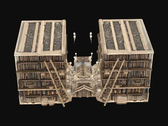 3D model for massive library interior, endless bookshelves, floating books, glowing runes fading, broken ladders, scattered pages dissolving into light particles, gothic and futuristic fusion, warm ambient lighting, anime style