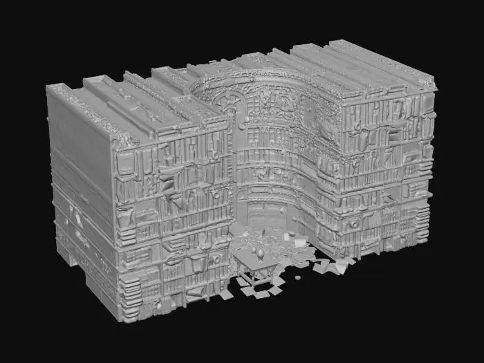3D model for massive library interior, endless bookshelves, floating books, glowing runes fading, broken ladders, scattered pages dissolving into light particles, gothic and futuristic fusion, warm ambient lighting, anime style