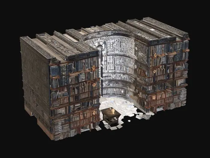 3D model for massive library interior, endless bookshelves, floating books, glowing runes fading, broken ladders, scattered pages dissolving into light particles, gothic and futuristic fusion, warm ambient lighting, anime style