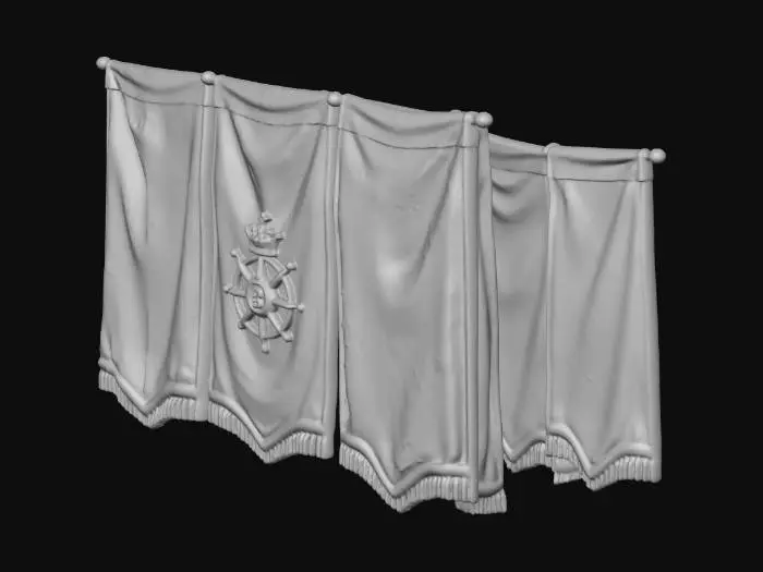 3D model for 3D model of blue fabric banners suspended from the library ceiling. They are made of aged, heavy blue cloth. Each banner features a complex, embroidered golden crest (a stylized sun and compass rose pattern) at its center, surrounded by other smaller heraldic details. The fabric should show wear and texture.