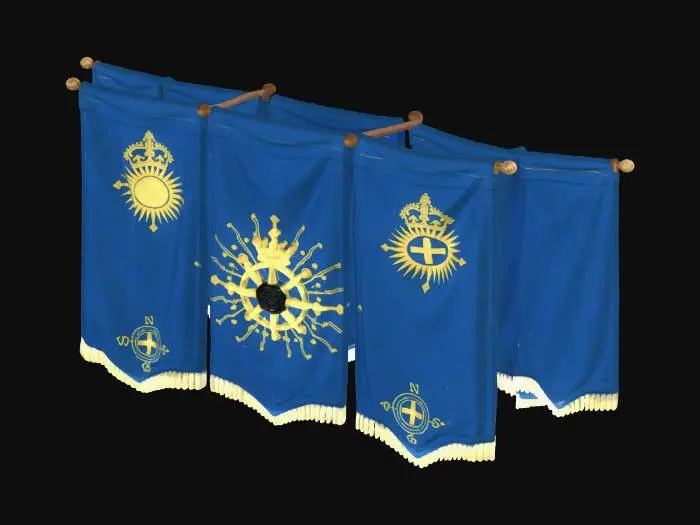 3D model for 3D model of blue fabric banners suspended from the library ceiling. They are made of aged, heavy blue cloth. Each banner features a complex, embroidered golden crest (a stylized sun and compass rose pattern) at its center, surrounded by other smaller heraldic details. The fabric should show wear and texture.