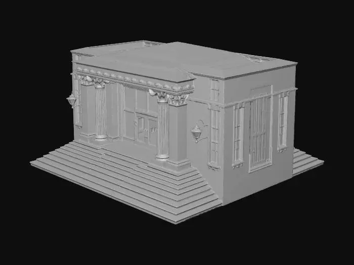 3D model for school entrance, wide stairs, glass doors, pillars, symmetrical design, academic architecture, detailed