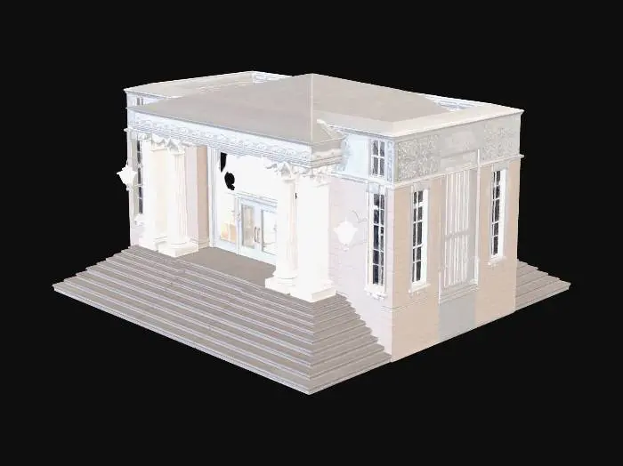 3D model for school entrance, wide stairs, glass doors, pillars, symmetrical design, academic architecture, detailed
