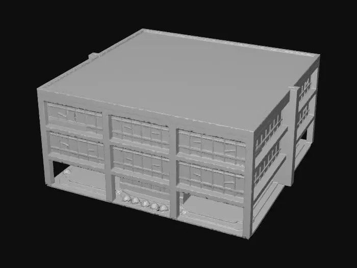 3D model for modern school building, rectangular structure, multiple floors, large windows, clean white concrete walls, minimal design, realistic 3D, PBR