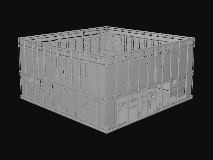 3D model for modern glass building, steel frame structure, transparent facade, minimal design, open and bright, contemporary architecture, realistic 3D