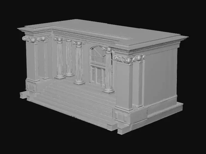 3D model for school entrance, wide stairs, glass doors, pillars, symmetrical design, academic architecture, detailed