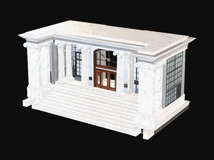 3D model for school entrance, wide stairs, glass doors, pillars, symmetrical design, academic architecture, detailed