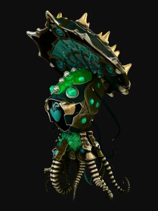 3D model for 1. 世界観とロア (Worldview & Lore)
テーマ: 忘れ去られた超深海底で、太古の邪神の亡骸と未知のオーバーテクノロジーが融合して生まれた「呪われた生体機械」。

背景: 水深10,000mを超える極限の水圧下。光の届かない世界で、自己増殖を続ける機械都市のコア。人間の知恵を超越したSF技術（エネルギーチューブ、幾何学装飾）と、ダークファンタジーの象徴たる「名状しがたい有機体（骨、甲殻、触手）」が共生している。

雰囲気: 圧倒的な水圧を感じさせる重厚感、長年の沈没による腐食、そして暗闇の中で怪しく明滅する生体発光。

2. 構造・デザイン (Structure & Design)
ベース形状: 深海生物（カブトガニやオウムガイ）の硬質な甲殻と、宇宙船のエンジンのような幾何学的かつソリッドな金属パーツが噛み合った構造。

ディテール:

有機部: クジラの骨格を思わせる白いフレーム、ヌメり気のある黒い触手状のケーブル、這い回るフジツボやサンゴの寄生。

無機部: 六角形のチタンパネル、水圧に耐える極太のシリンダーとリベット打ちされた装甲。

コア部分: 中央には、クラゲの傘のように透明な培養カプセルがあり、その中で「心臓のような未知のエネルギー体」が青白く脈打っている。

紋様: 金属パーツの表面には、システムコードと古代ルーン文字が混ざったようなSF的魔方陣が刻まれている。

3. カラースタイルとライティング (Color Style & Lighting)
ベースカラー (Base): 深海を思わせる「アビスブラック（#0A0D14）」と、酸化して鈍く光る「ブラス・ガンメタル（#2C3539）」。

エイジング・腐食 (Decay): 長い年月を感じさせる「錆びた青銅の緑青（ターコイズやティールグリーン）」と、深海泥の「くすんだグレーブラウン」。

発