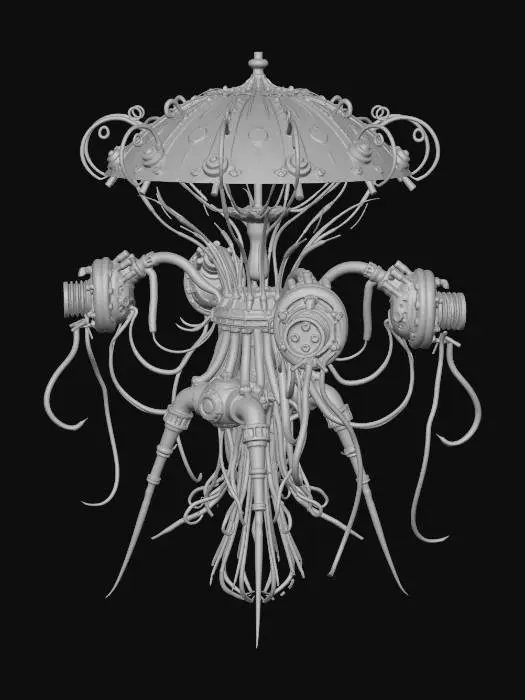3D model for 1. 世界観とロア (Worldview & Lore)
テーマ: 忘れ去られた超深海底で、太古の邪神の亡骸と未知のオーバーテクノロジーが融合して生まれた「呪われた生体機械」。

背景: 水深10,000mを超える極限の水圧下。光の届かない世界で、自己増殖を続ける機械都市のコア。人間の知恵を超越したSF技術（エネルギーチューブ、幾何学装飾）と、ダークファンタジーの象徴たる「名状しがたい有機体（骨、甲殻、触手）」が共生している。

雰囲気: 圧倒的な水圧を感じさせる重厚感、長年の沈没による腐食、そして暗闇の中で怪しく明滅する生体発光。

2. 構造・デザイン (Structure & Design)
ベース形状: 深海生物（カブトガニやオウムガイ）の硬質な甲殻と、宇宙船のエンジンのような幾何学的かつソリッドな金属パーツが噛み合った構造。

ディテール:

有機部: クジラの骨格を思わせる白いフレーム、ヌメり気のある黒い触手状のケーブル、這い回るフジツボやサンゴの寄生。

無機部: 六角形のチタンパネル、水圧に耐える極太のシリンダーとリベット打ちされた装甲。

コア部分: 中央には、クラゲの傘のように透明な培養カプセルがあり、その中で「心臓のような未知のエネルギー体」が青白く脈打っている。

紋様: 金属パーツの表面には、システムコードと古代ルーン文字が混ざったようなSF的魔方陣が刻まれている。

3. カラースタイルとライティング (Color Style & Lighting)
ベースカラー (Base): 深海を思わせる「アビスブラック（#0A0D14）」と、酸化して鈍く光る「ブラス・ガンメタル（#2C3539）」。

エイジング・腐食 (Decay): 長い年月を感じさせる「錆びた青銅の緑青（ターコイズやティールグリーン）」と、深海泥の「くすんだグレーブラウン」。

発