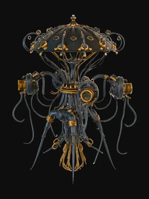 3D model for 1. 世界観とロア (Worldview & Lore)
テーマ: 忘れ去られた超深海底で、太古の邪神の亡骸と未知のオーバーテクノロジーが融合して生まれた「呪われた生体機械」。

背景: 水深10,000mを超える極限の水圧下。光の届かない世界で、自己増殖を続ける機械都市のコア。人間の知恵を超越したSF技術（エネルギーチューブ、幾何学装飾）と、ダークファンタジーの象徴たる「名状しがたい有機体（骨、甲殻、触手）」が共生している。

雰囲気: 圧倒的な水圧を感じさせる重厚感、長年の沈没による腐食、そして暗闇の中で怪しく明滅する生体発光。

2. 構造・デザイン (Structure & Design)
ベース形状: 深海生物（カブトガニやオウムガイ）の硬質な甲殻と、宇宙船のエンジンのような幾何学的かつソリッドな金属パーツが噛み合った構造。

ディテール:

有機部: クジラの骨格を思わせる白いフレーム、ヌメり気のある黒い触手状のケーブル、這い回るフジツボやサンゴの寄生。

無機部: 六角形のチタンパネル、水圧に耐える極太のシリンダーとリベット打ちされた装甲。

コア部分: 中央には、クラゲの傘のように透明な培養カプセルがあり、その中で「心臓のような未知のエネルギー体」が青白く脈打っている。

紋様: 金属パーツの表面には、システムコードと古代ルーン文字が混ざったようなSF的魔方陣が刻まれている。

3. カラースタイルとライティング (Color Style & Lighting)
ベースカラー (Base): 深海を思わせる「アビスブラック（#0A0D14）」と、酸化して鈍く光る「ブラス・ガンメタル（#2C3539）」。

エイジング・腐食 (Decay): 長い年月を感じさせる「錆びた青銅の緑青（ターコイズやティールグリーン）」と、深海泥の「くすんだグレーブラウン」。

発