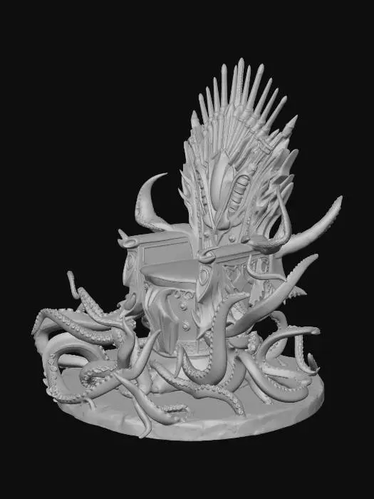 3D model for A highly detailed 3D model of a majestic and terrifying throne combining Deep Sea, Sci-Fi, and Dark Fantasy aesthetics. The backrest is made of giant leviathan spine bones fused with cybernetic carbon-fiber plating and glowing neon liquid tubes. The armrests are mechanical crab-like claws with exposed hydraulic cylinders. The seat is a dark obsidian-like metal with bioluminescent synthetic anemone tentacles as cushions. The base is rooted to the ocean floor with thick metallic tentacles and rusted deep-sea barnacle heat vents.