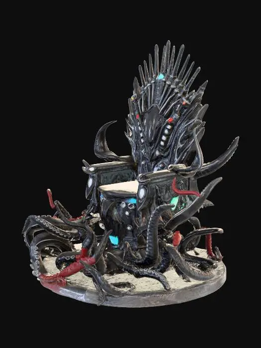 3D model for A highly detailed 3D model of a majestic and terrifying throne combining Deep Sea, Sci-Fi, and Dark Fantasy aesthetics. The backrest is made of giant leviathan spine bones fused with cybernetic carbon-fiber plating and glowing neon liquid tubes. The armrests are mechanical crab-like claws with exposed hydraulic cylinders. The seat is a dark obsidian-like metal with bioluminescent synthetic anemone tentacles as cushions. The base is rooted to the ocean floor with thick metallic tentacles and rusted deep-sea barnacle heat vents.