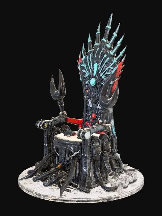 3D model for A highly detailed 3D model of a majestic and terrifying throne combining Deep Sea, Sci-Fi, and Dark Fantasy aesthetics. The backrest is made of giant leviathan spine bones fused with cybernetic carbon-fiber plating and glowing neon liquid tubes. The armrests are mechanical crab-like claws with exposed hydraulic cylinders. The seat is a dark obsidian-like metal with bioluminescent synthetic anemone tentacles as cushions. The base is rooted to the ocean floor with thick metallic tentacles and rusted deep-sea barnacle heat vents.