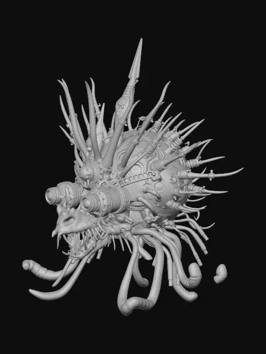 3D model for A 3D game asset of a majestic crown, dark fantasy meets sci-fi and deep sea theme. Asymmetrical biomechanical structure, intertwining skeletal abyssal black coral with futuristic thick mechanical cables. Central focal point is a pressurized glowing cyan energy reactor core covered in thick glass. Jagged spikes resembling anglerfish lures with glowing bioluminescent tips. Tarnished dark bronze and gunmetal materials mixed with organic barnacle-like vents. Wet and slick surface, intricate cybernetic glowing circuit patterns emitting neon green and cyan light. PBR realistic textures, high metallic reflection, low roughness wet look, intense emissive lights. Isolated on solid black background, studio lighting, 8k resolution, Unreal Engine 5 render style.