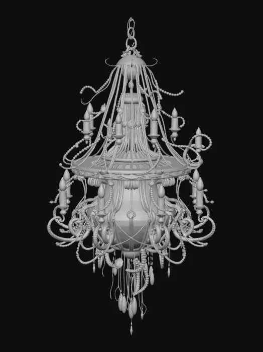 3D model for 3D asset, chandelier, dark fantasy sci-fi deep sea theme, biomechanical design. Central floating bioluminescent cyan energy core trapped inside a ribcage-like dark oxidized metal and leviathan bone frame. Glowing fiber-optic cables resembling jellyfish tentacles hanging down. Rusted titanium joints, gothic futuristic architecture, abyssal barnacles and glowing neon coral growths. Bioluminescent teal and deep violet emissive lights. PBR textures, high surface detail, realistic metal and organic material contrast. Studio lighting, dark background, isolated on black, Unreal Engine 5 render, 8k resolution, masterpiece.