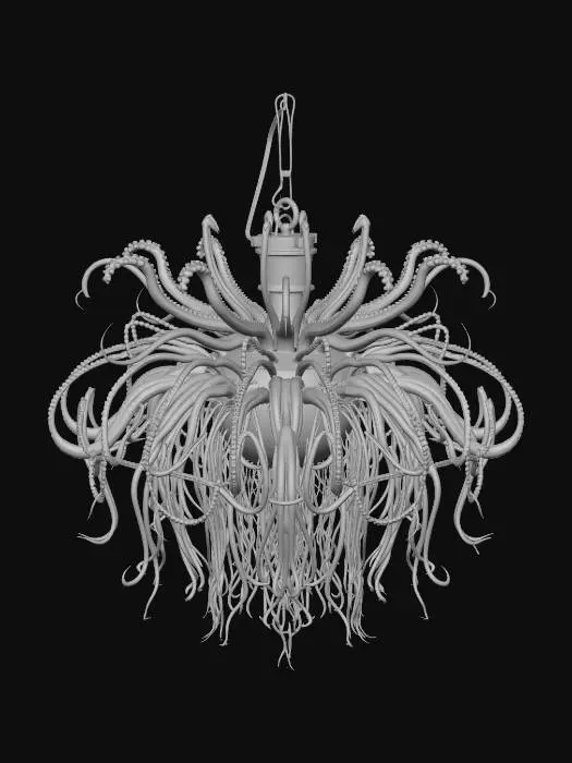 3D model for 3D asset, chandelier, dark fantasy sci-fi deep sea theme, biomechanical design. Central floating bioluminescent cyan energy core trapped inside a ribcage-like dark oxidized metal and leviathan bone frame. Glowing fiber-optic cables resembling jellyfish tentacles hanging down. Rusted titanium joints, gothic futuristic architecture, abyssal barnacles and glowing neon coral growths. Bioluminescent teal and deep violet emissive lights. PBR textures, high surface detail, realistic metal and organic material contrast. Studio lighting, dark background, isolated on black, Unreal Engine 5 render, 8k resolution, masterpiece.