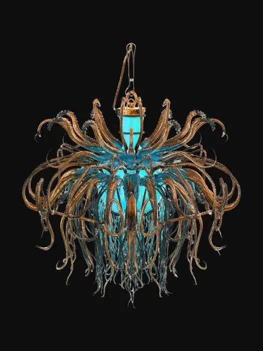 3D model for 3D asset, chandelier, dark fantasy sci-fi deep sea theme, biomechanical design. Central floating bioluminescent cyan energy core trapped inside a ribcage-like dark oxidized metal and leviathan bone frame. Glowing fiber-optic cables resembling jellyfish tentacles hanging down. Rusted titanium joints, gothic futuristic architecture, abyssal barnacles and glowing neon coral growths. Bioluminescent teal and deep violet emissive lights. PBR textures, high surface detail, realistic metal and organic material contrast. Studio lighting, dark background, isolated on black, Unreal Engine 5 render, 8k resolution, masterpiece.
