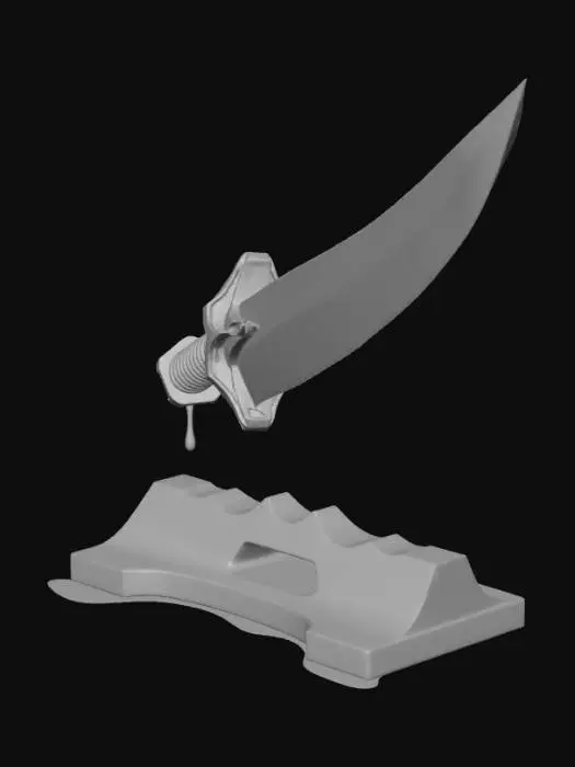 3D model for A highly detailed 3D model of a futuristic Katana sword, combining Deep Sea, Sci-Fi, and Dark Fantasy themes. The blade is made of translucent dark obsidian material with glowing bioluminescent cyan veins pulsing inside, resembling plasma energy. The Tsuba (handguard) is a fusion of a deep-sea anglerfish's skeletal jaw and dark sci-fi mechanical gears. The Tsuka (handle) is wrapped in alien shark skin over a carbon-fiber base, leaking black heavy oil. The weapon emits an eerie, cursed aura. PBR materials, glowing emission lights, dark wet oceanic metal, hyper-detailed, 8k resolution, Unreal Engine 5 render style, cinematic lighting, dark background