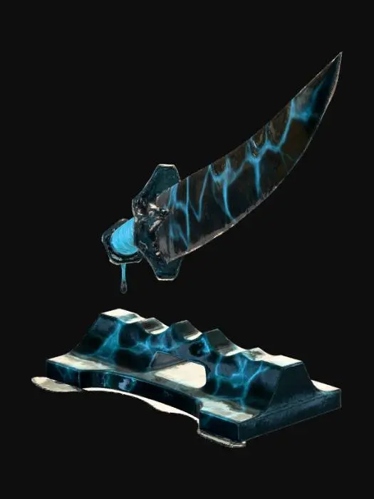 3D model for A highly detailed 3D model of a futuristic Katana sword, combining Deep Sea, Sci-Fi, and Dark Fantasy themes. The blade is made of translucent dark obsidian material with glowing bioluminescent cyan veins pulsing inside, resembling plasma energy. The Tsuba (handguard) is a fusion of a deep-sea anglerfish's skeletal jaw and dark sci-fi mechanical gears. The Tsuka (handle) is wrapped in alien shark skin over a carbon-fiber base, leaking black heavy oil. The weapon emits an eerie, cursed aura. PBR materials, glowing emission lights, dark wet oceanic metal, hyper-detailed, 8k resolution, Unreal Engine 5 render style, cinematic lighting, dark background