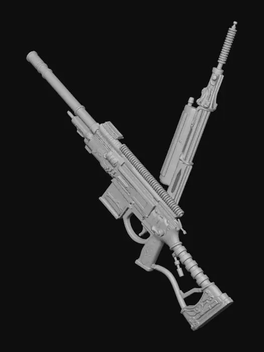 3D model for A deep-sea sci-fi dark fantasy relic sniper rifle, non-human ancient technology, ceremonial precision weapon.

Long elegant silhouette, cathedral-like structure, asymmetric bio-mechanical architecture, grown rather than manufactured.

The barrel is formed from spiral coral-metal composite with embedded glass veins, transparent pressure tubes running along the body filled with faint glowing bioluminescent fluid.

Instead of a scope, a floating halo-ring observation array with runic focusing plates, connected by thin articulated mechanical tendrils.

Stock resembles fossilized spine and shell structure, ergonomic but alien.

No modern gun parts, no screws, no rails, no magazines, no human industrial design language.

Designed as an observation instrument that stabilizes existence before firi