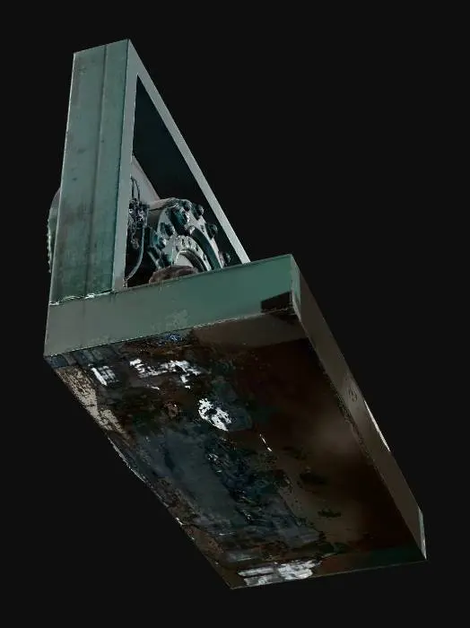 3D model for A massive deep sea pressure bulkhead door, circular hatch design, titanium ceramic alloy, heavily corroded by saltwater, mechanical locking arms, glowing cyan seal lines, thick rubber pressure ring, barnacles and tube worms attached, dark sci-fi abyssal research facility style, realistic PBR, roughness variation, wet surface, cinematic underwater lighting