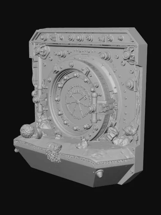 3D model for A massive deep sea pressure bulkhead door, circular hatch design, titanium ceramic alloy, heavily corroded by saltwater, mechanical locking arms, glowing cyan seal lines, thick rubber pressure ring, barnacles and tube worms attached, dark sci-fi abyssal research facility style, realistic PBR, roughness variation, wet surface, cinematic underwater lighting