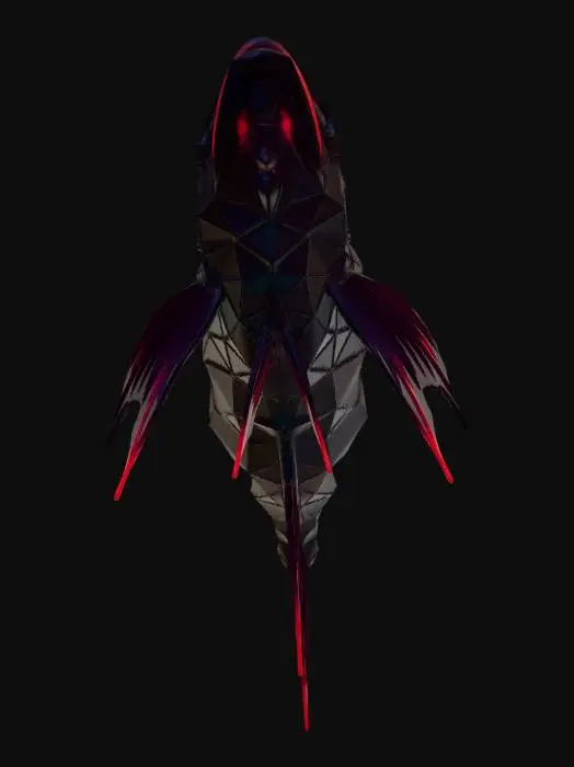 3D model for A highly detailed 3D model of an otherworldly deep-sea fish, fusion of geometric and organic shapes. Polyhedral body structure, fractal-like anatomy. Bioluminescent glowing neon cyan and magenta veins. Translucent crystalline fins, metallic iridescent scales, dark obsidian armor plating. Deep abyss alien creature, bioluminescence. High poly, PBR textures, glowing emissions, cinematic lighting, Octane render, 8k resolution, masterpiece.