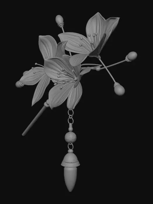 3D model for A highly detailed 3D model of a traditional Japanese Kanzashi hairpin, Tsumami Zaiku style. Delicate cherry blossoms (sakura) made of folded pink and white silk fabric, adorned with small golden stamens and tiny pearls. A trailing "bira-bira" style dangle with small silver bells and metal petals. Photorealistic, intricate geometry, PBR textures, studio lighting, 4K, Blender render.