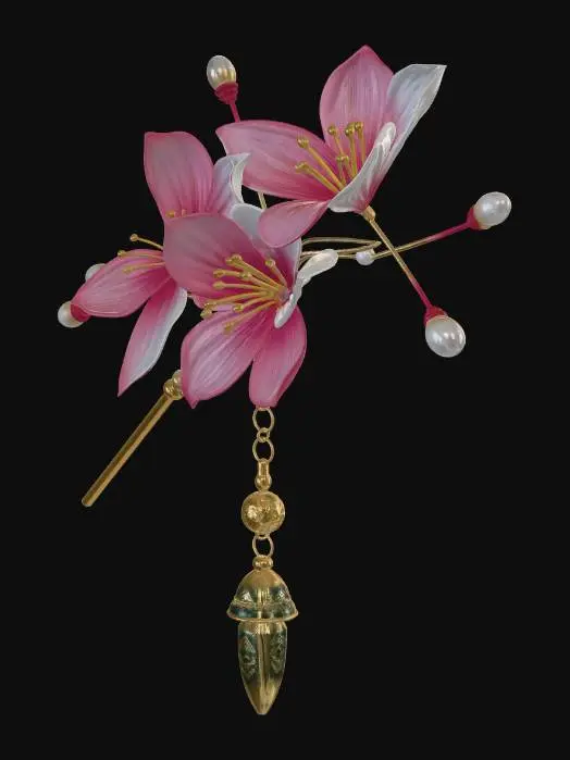 3D model for A highly detailed 3D model of a traditional Japanese Kanzashi hairpin, Tsumami Zaiku style. Delicate cherry blossoms (sakura) made of folded pink and white silk fabric, adorned with small golden stamens and tiny pearls. A trailing "bira-bira" style dangle with small silver bells and metal petals. Photorealistic, intricate geometry, PBR textures, studio lighting, 4K, Blender render.