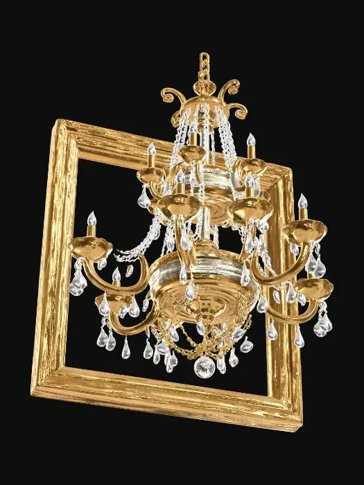 3D model for A large, ornate, multi-tiered antique crystal and brass chandelier designed for suspension from a central dome, with numerous candle-style or electric bulbs.