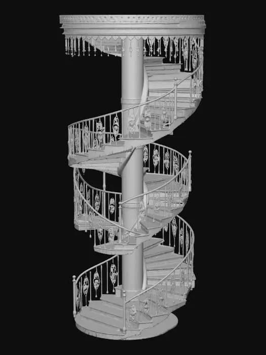 3D model for A grand, multi-turn spiral staircase module made of rich dark wood and intricate wrought iron, featuring multiple steps, balustrades, and connecting platforms.
