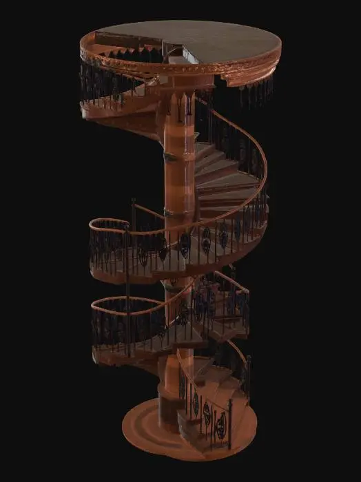 3D model for A grand, multi-turn spiral staircase module made of rich dark wood and intricate wrought iron, featuring multiple steps, balustrades, and connecting platforms.