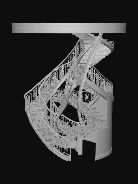 3D model for A grand, multi-turn spiral staircase module made of rich dark wood and intricate wrought iron, featuring multiple steps, balustrades, and connecting platforms.